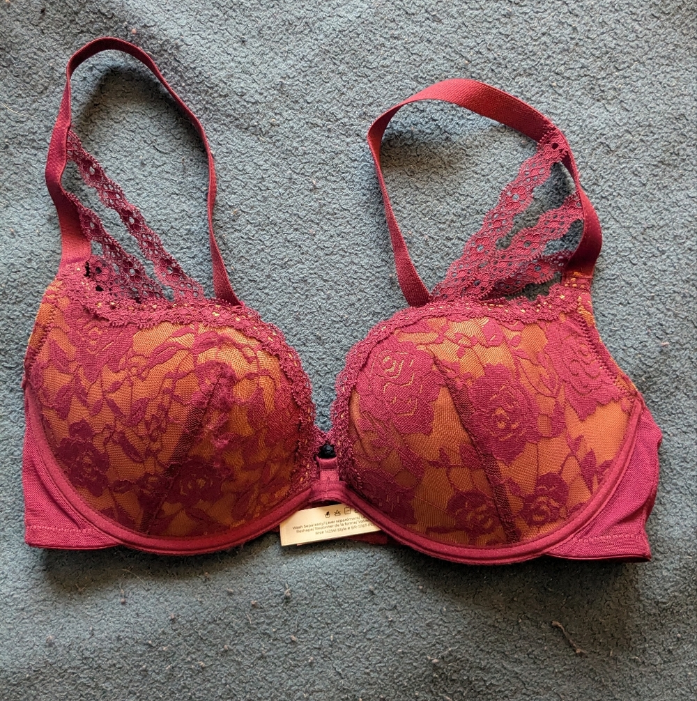 Adore Me Burgundy Lace Over Beige Underwire Bra
